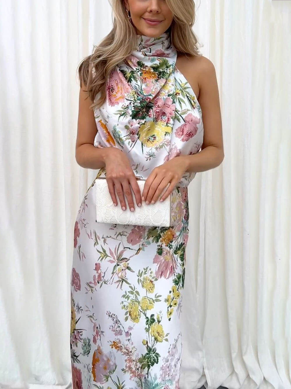 Floral Halter Neck Elastic Waist Maxi Dress - Fashionpara