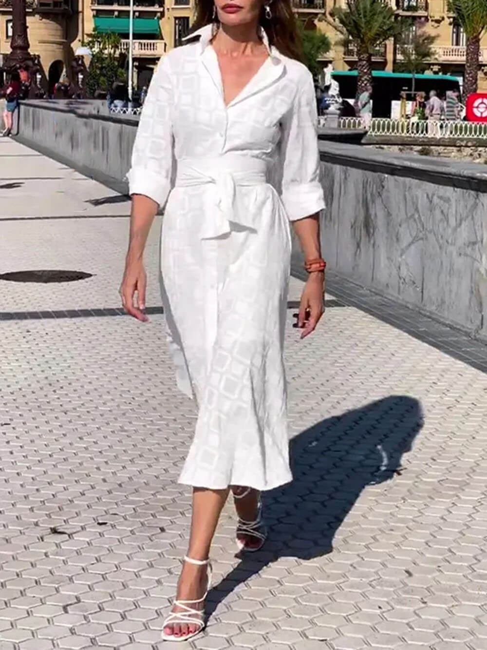 Check Print Belt Button Pocket Long Sleeve Midi Dress - Fashionpara