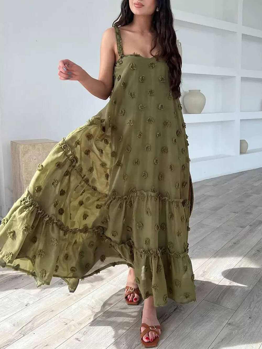 Pretty Flower Decor A-Line Layered Loose Maxi Dress - Fashionpara