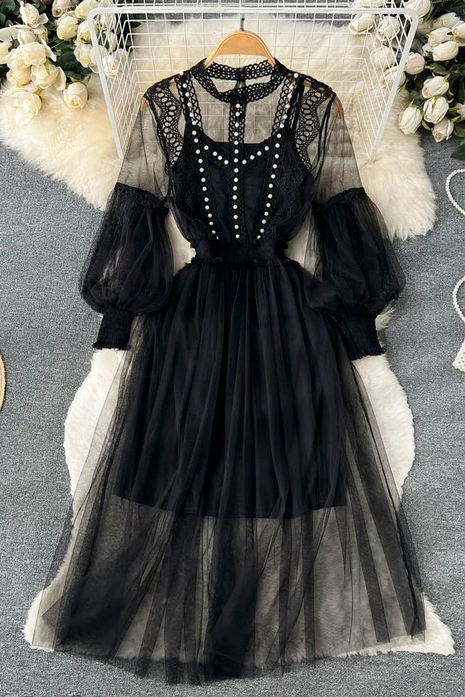 Romantic Lace Beading Party Dress Elegant Lantern Sleeve Gothic Long Dress Two Piece Set