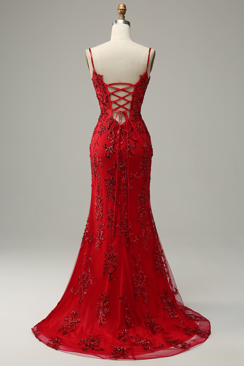 Mermaid Spaghetti Straps Red Sequins Long Prom Dress with Split Front - Fashionpara