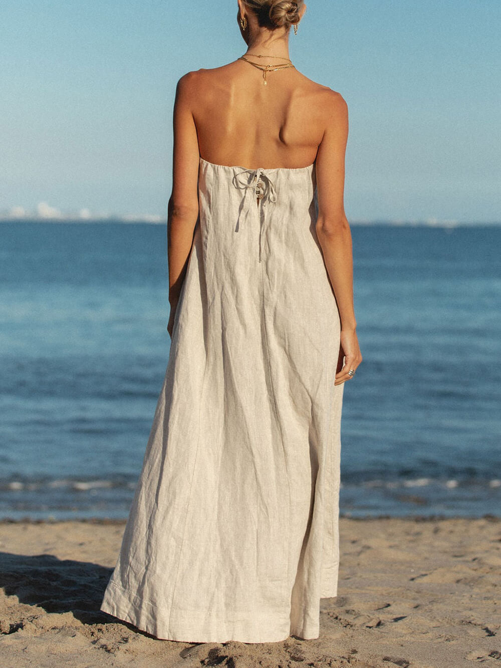 Offshore Pleated Strappy Linen Maxi Dress - Fashionpara