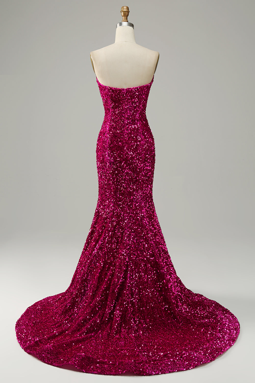 Fuchsia Sweetheart Neck Sequined Mermaid Prom Dress With Sweep Train - Fashionpara