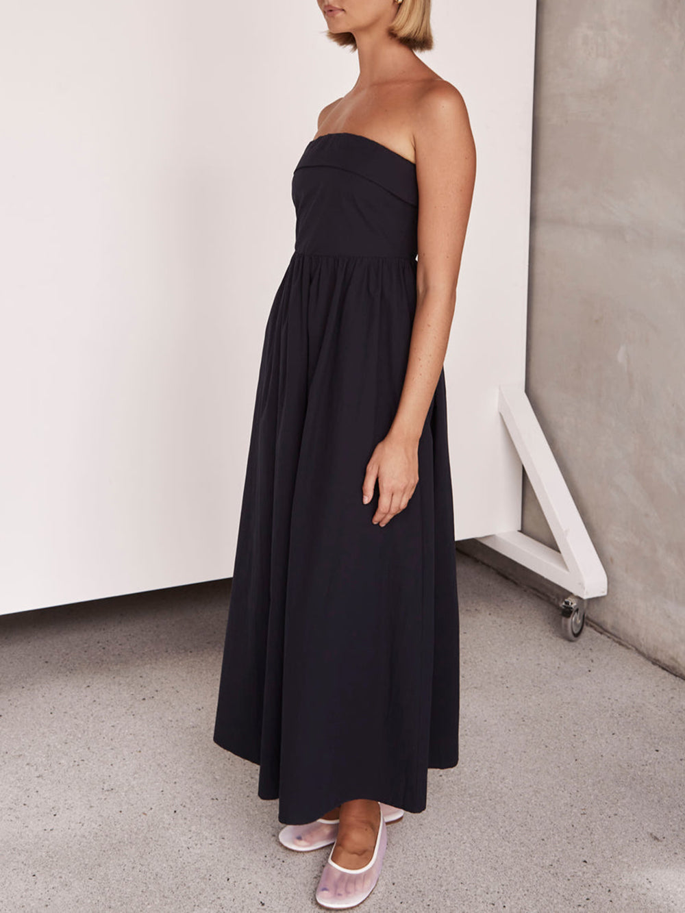 Cotton Strapless Gathered-Skirt A-Line Maxi Dress 5