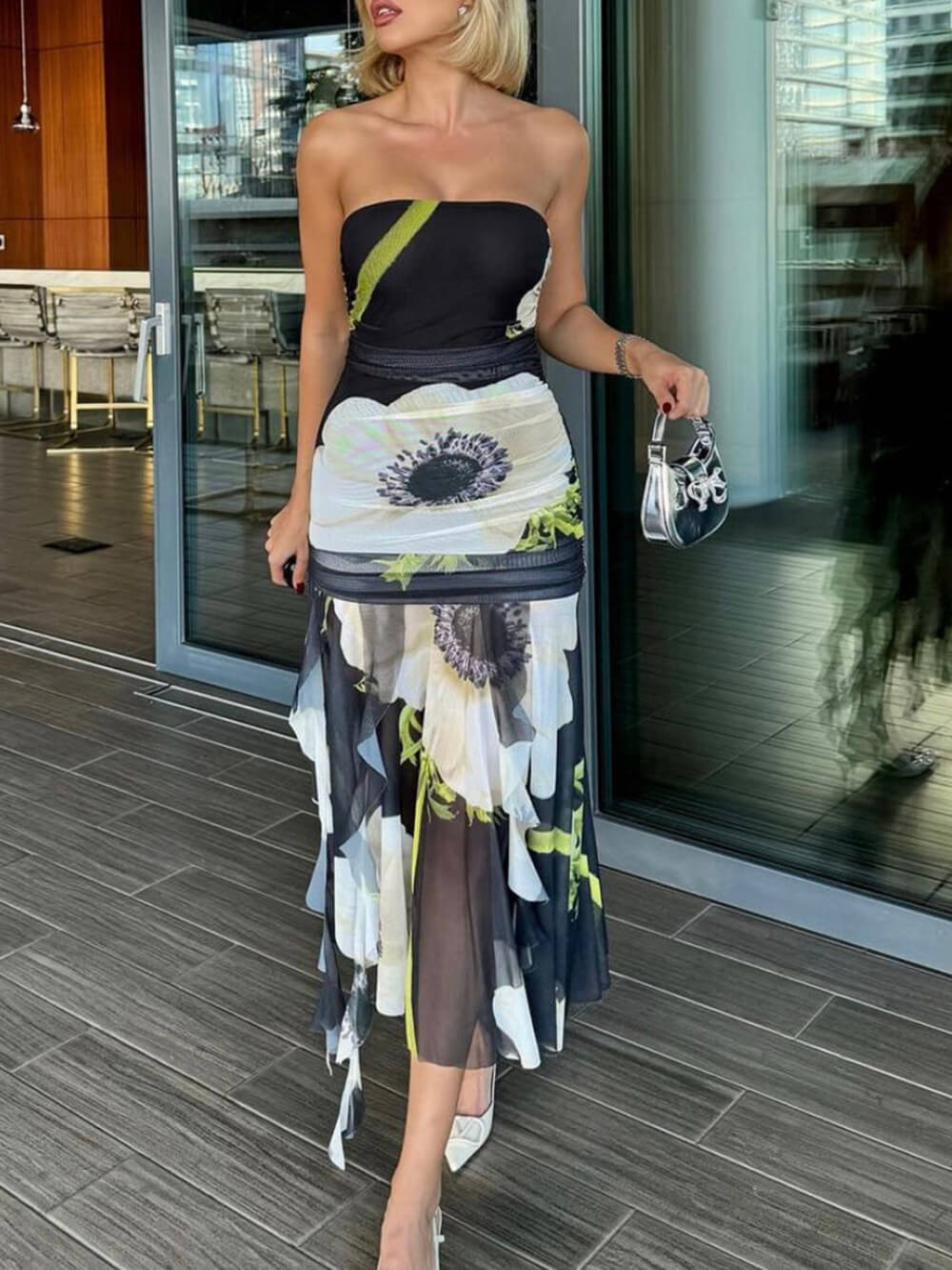 Mesh Overlay Floral Print Off Shoulder Ruched Ruffles Stretch Midi Dress - Fashionpara