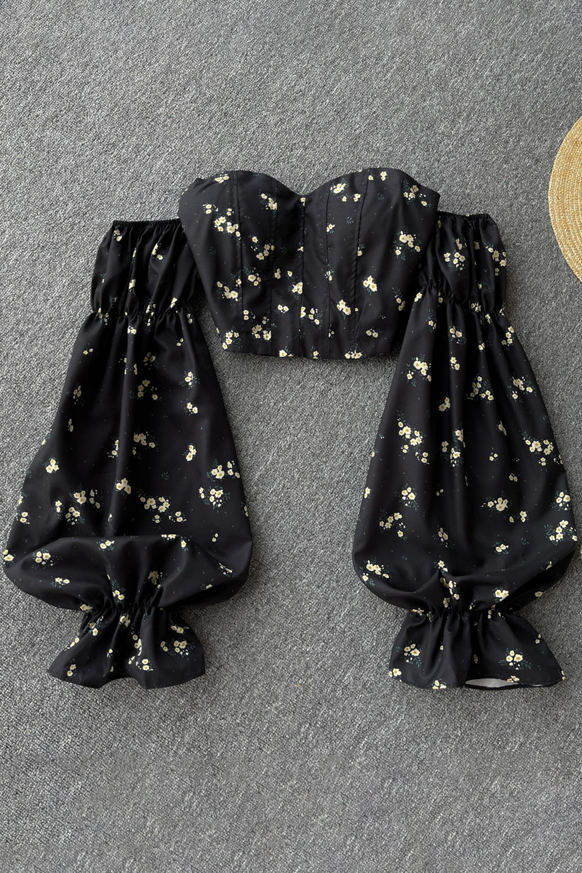 Strapless Floral Blouse Elastic Ruched Slim Long Sleeve Tops Off Shoulder Short Blouser - Fashionpara