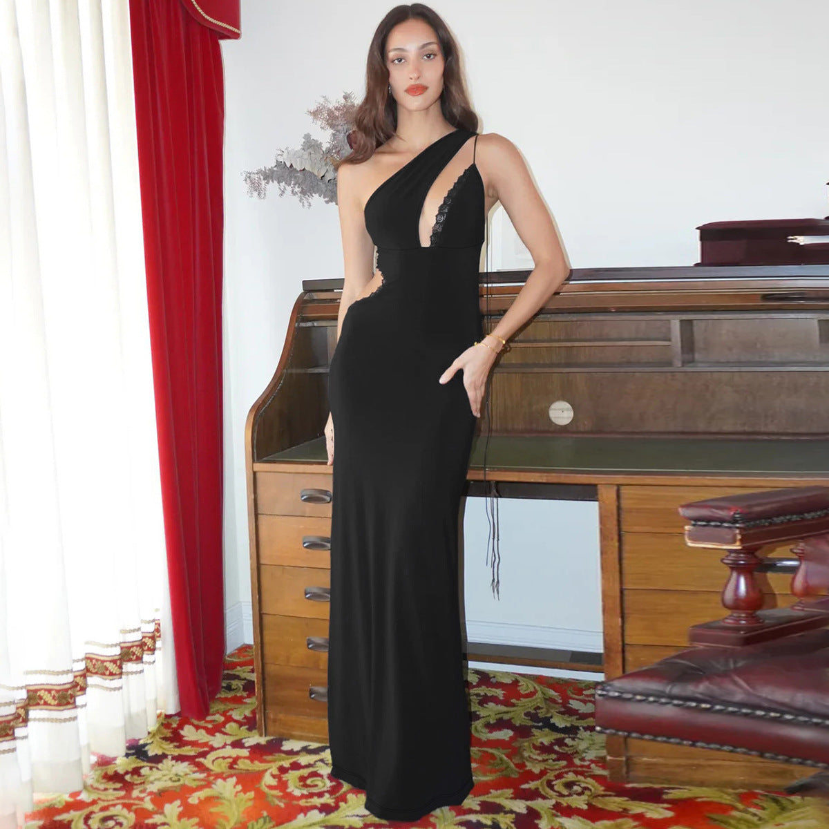 One-Shoulder Lace-Trim Cut-Out Bodycon Maxi Dress