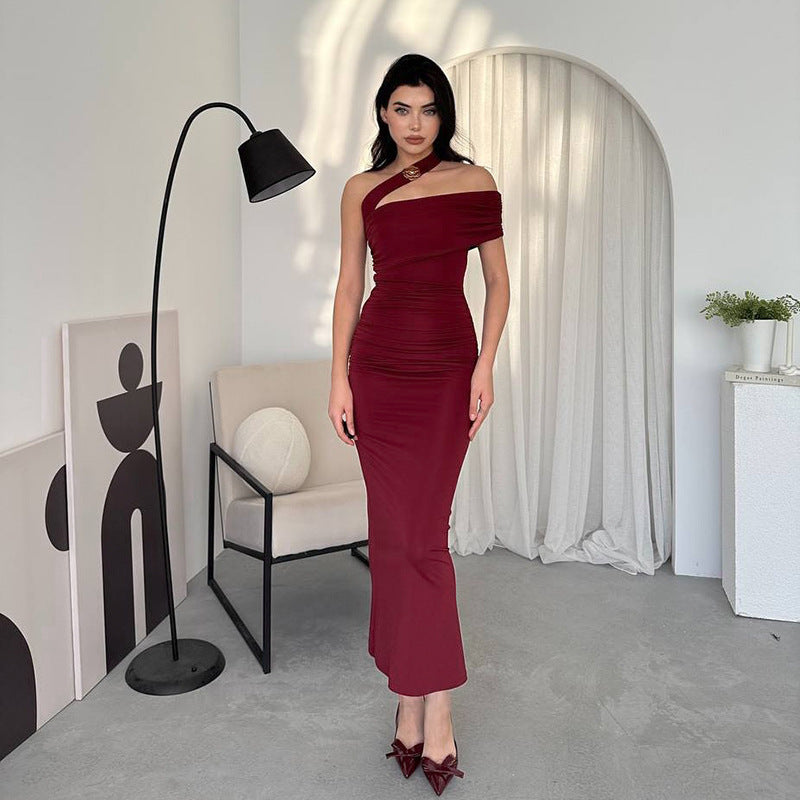 One-Shoulder Ruched Bodycon Column Midi Dress