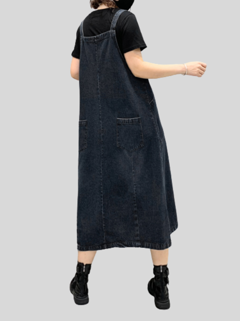Denim Button-Front Suspender Strap Pocket A-Line Midi Dress 4