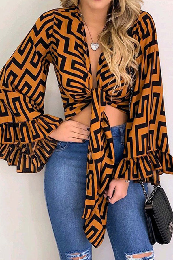 Geometric Print Lace-up Blouse - Mislish