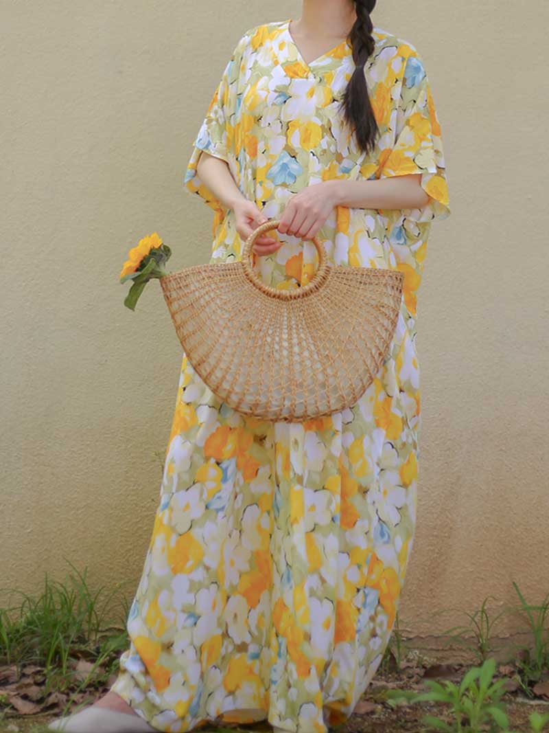 Cotton Yellow Floral Print Kaftan Dress - Fashionpara