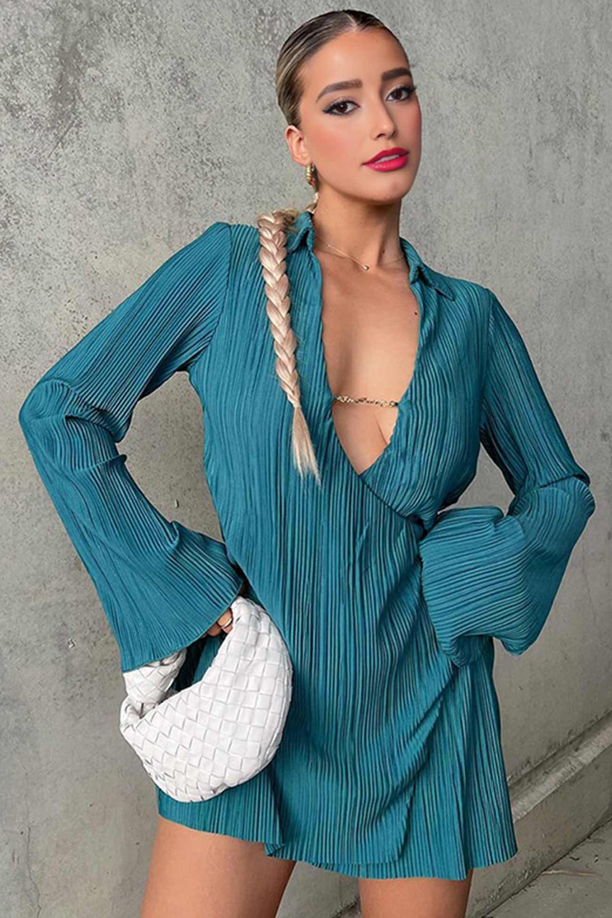 Pleated Lapel-Collar Long-Sleeve Plunge Mini Dress 10