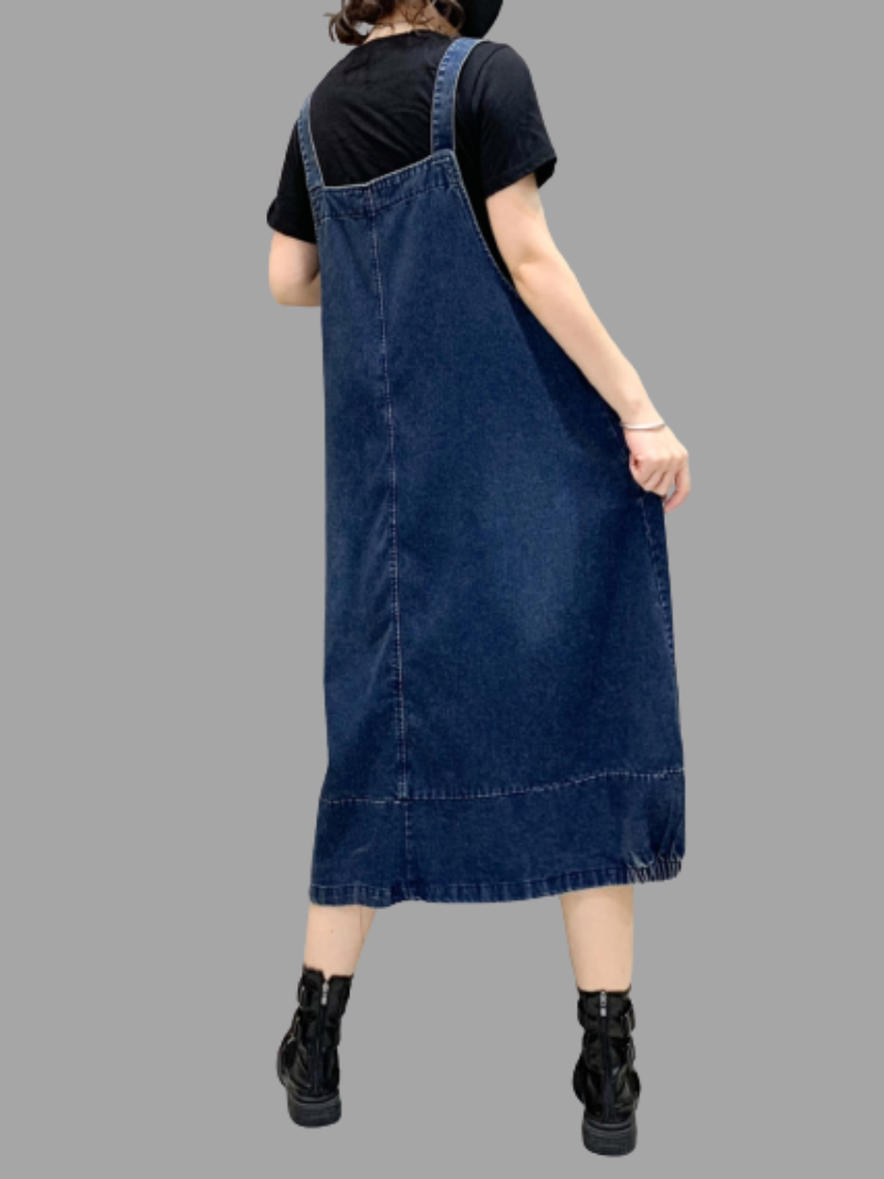 Denim Mid-Length Over-The-Knee Casual Salopette Dress - Fashionpara