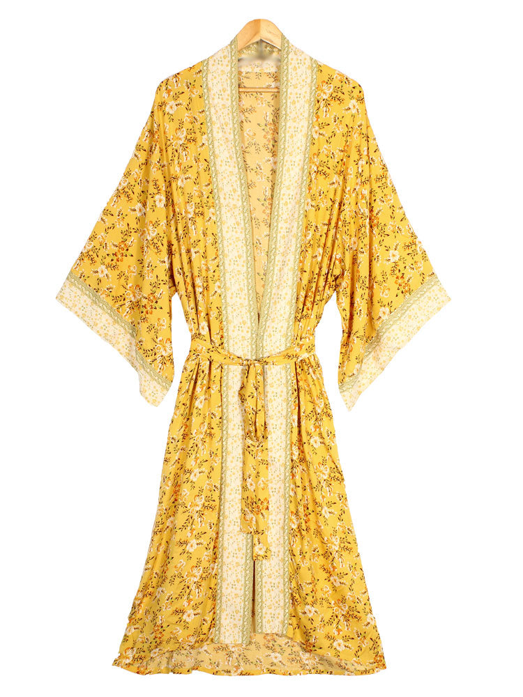 Bridal Party Wear Floral Print Yellow Color Cotton Long Length Gown Robe Kimono