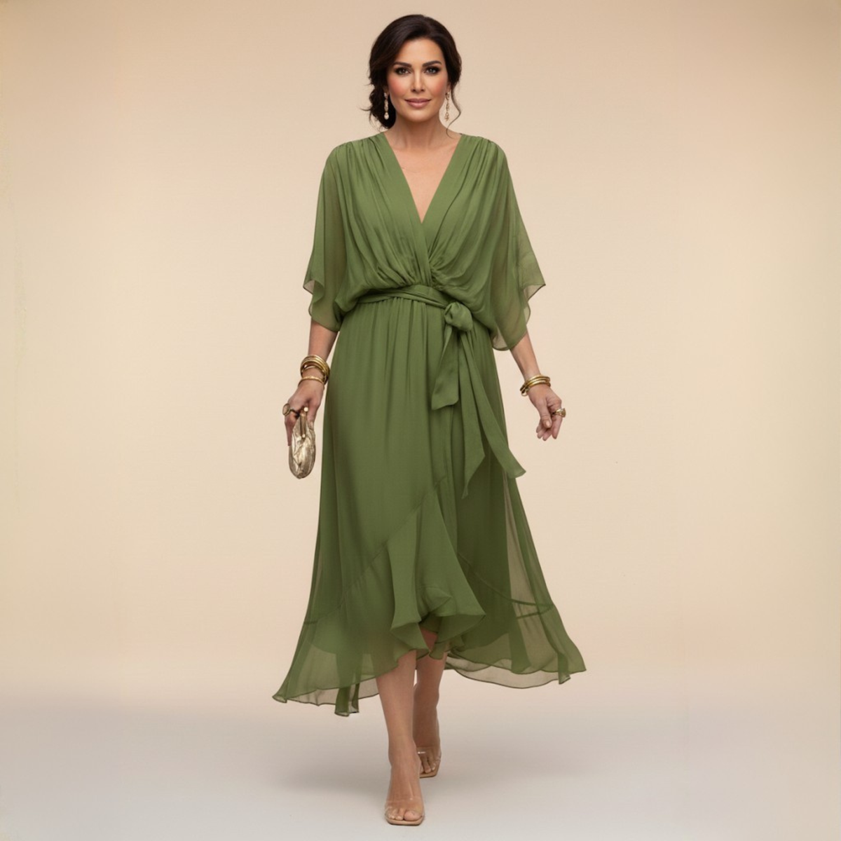 Deep V-Neck Kimono Sleeve Belted Ruffle Wrap Midi Dress 3