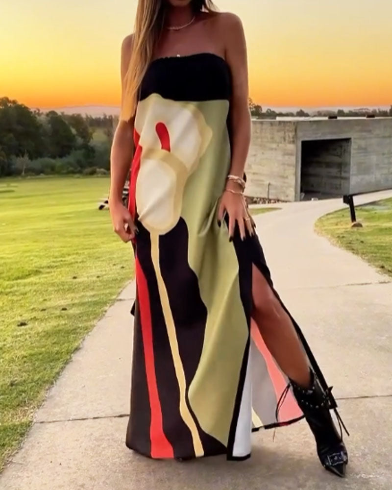 Fashion Art Print Strapless Split Dress - Fashionpara