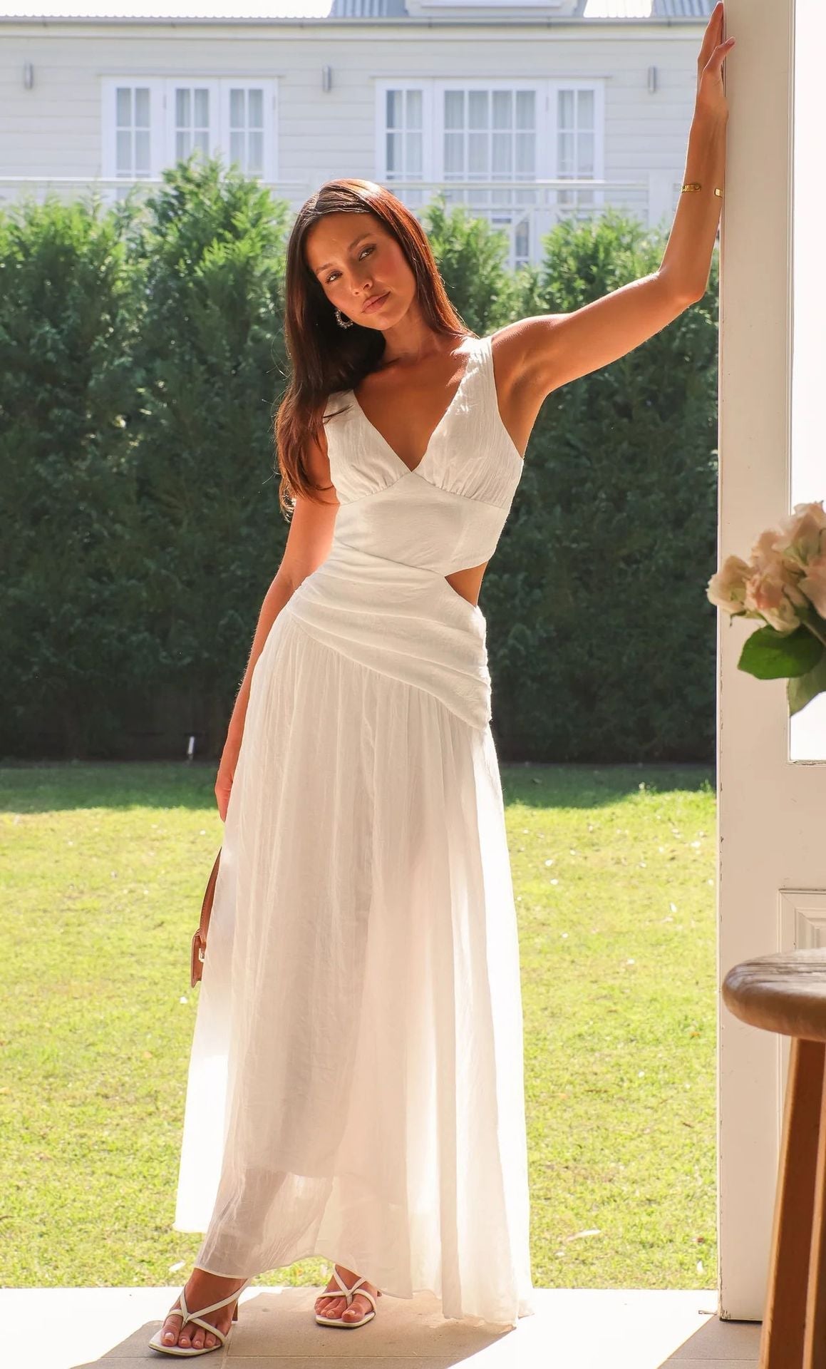 V-Neck Side-Cutout Crossover Waist Flowy Maxi Dress