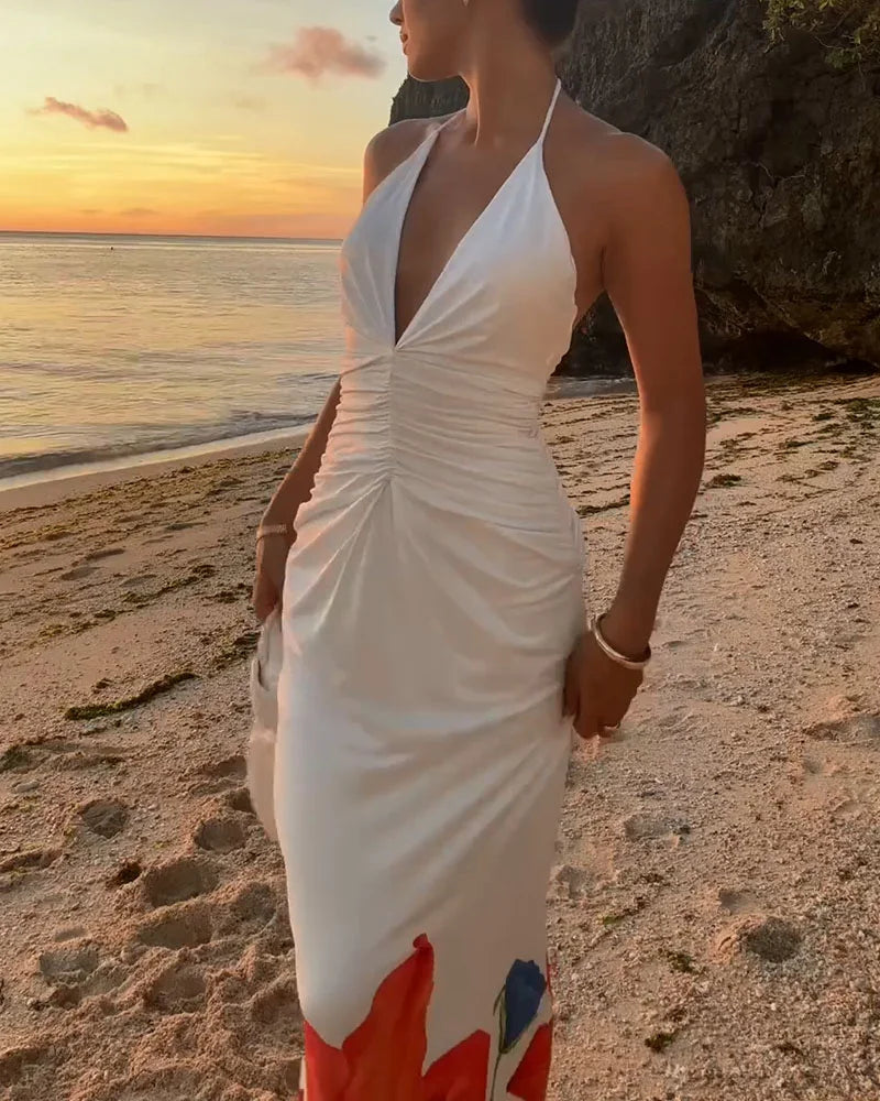 Halter neck strappy printed backless dress - Fashionpara