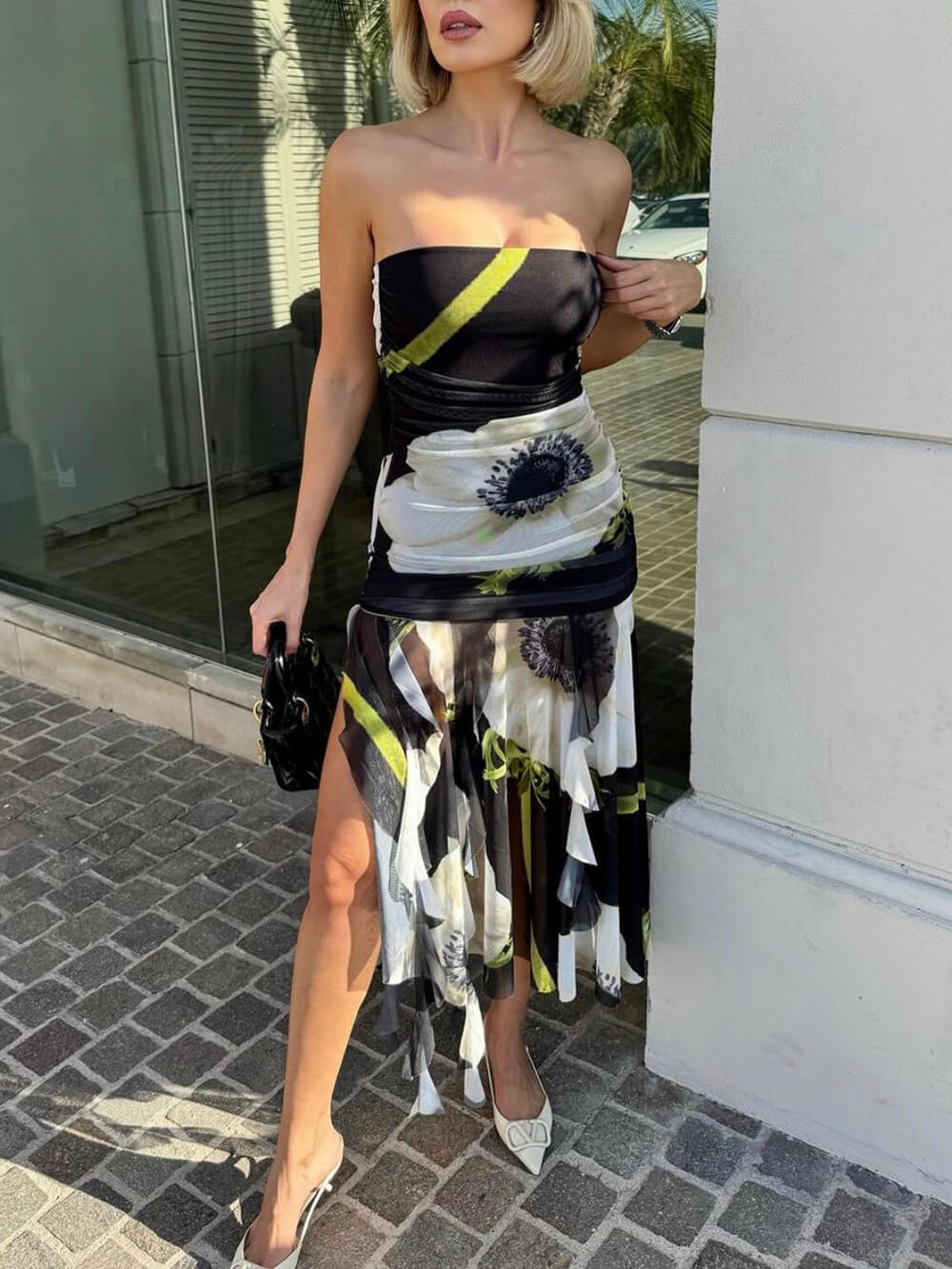 Mesh Overlay Floral Print Off Shoulder Ruched Ruffles Stretch Midi Dress - Fashionpara