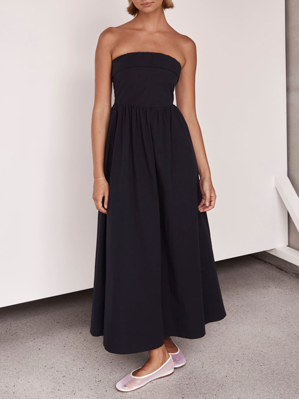 Cotton Strapless Gathered-Skirt A-Line Maxi Dress 6