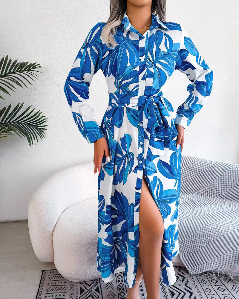 Floral Print Lapel Shirt Dress with Contrast 3