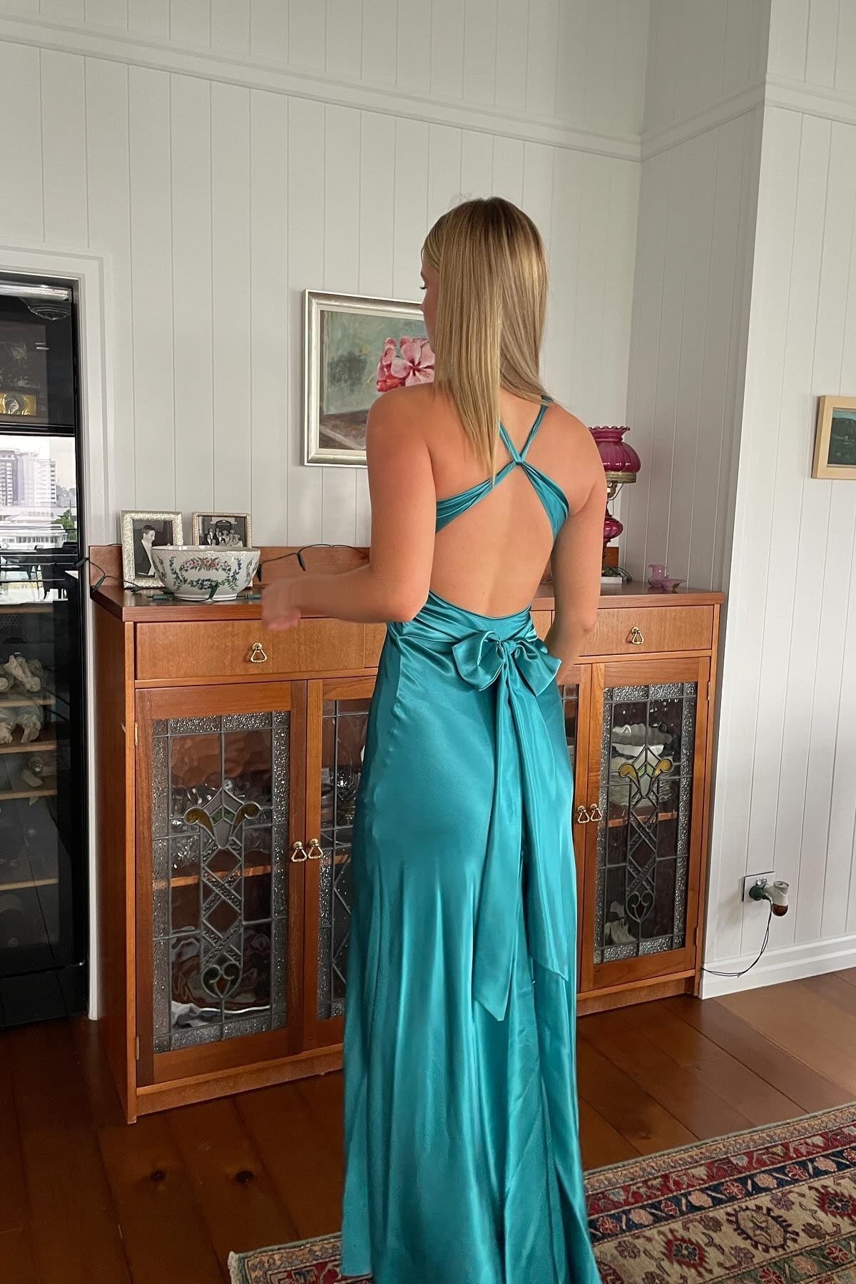 Trendy Sheath Halter Neck Purple Long Party Dress with Open Back Bowknot