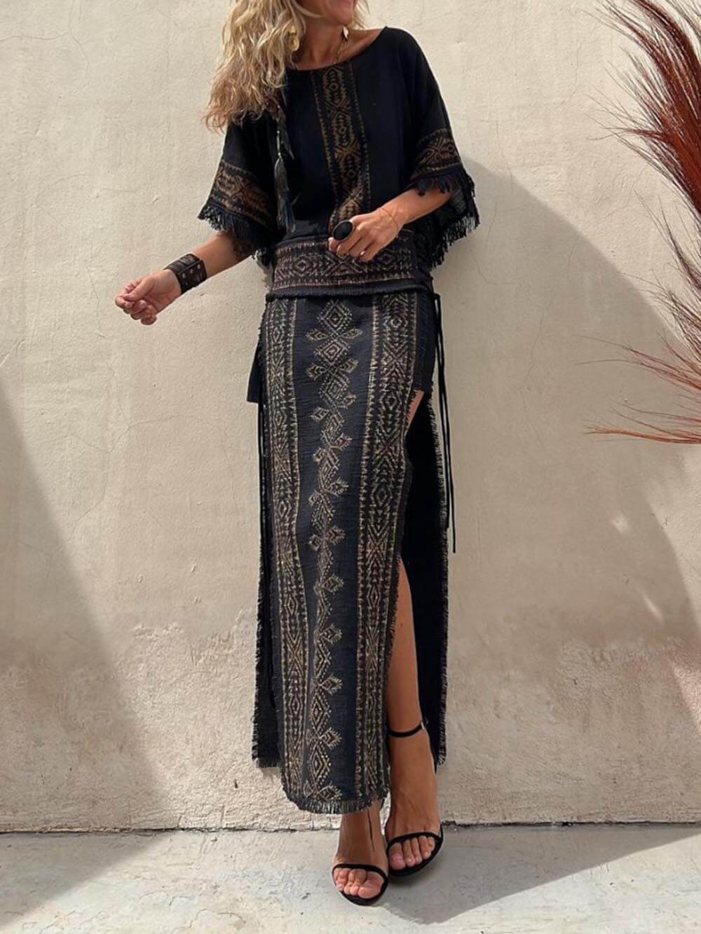 Ethnic Print Patchwork Side Lace-Up Maxi Skirt - Fashionpara