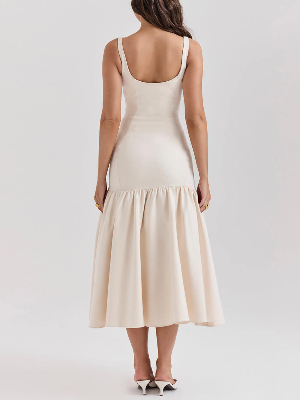 Graceful Square Neck Wide Strap Drop Waist Midi Dress - Fashionpara