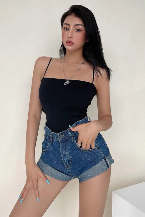 Retro High Waist Rolled Hem Loose Denim Shorts