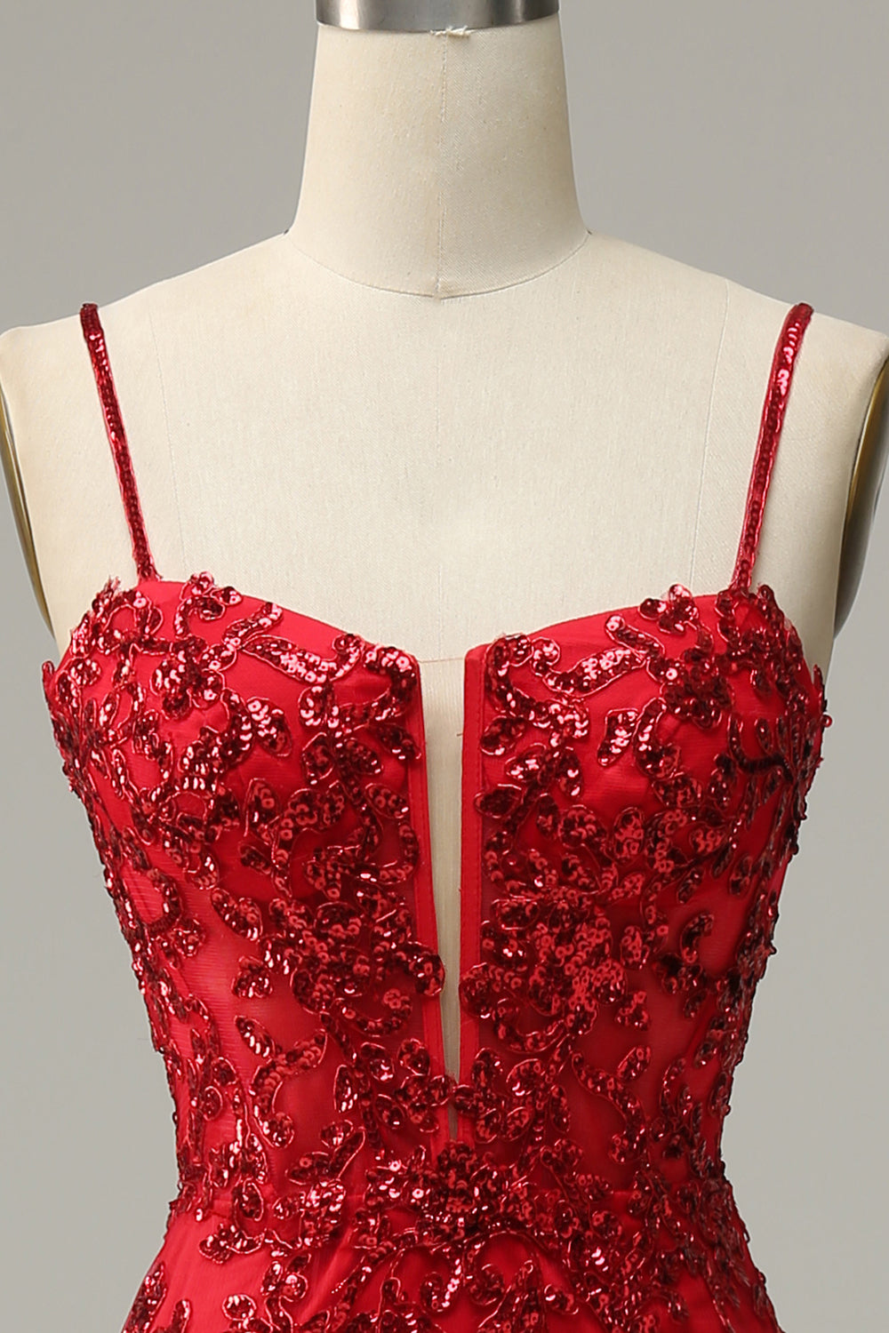 Mermaid Spaghetti Straps Red Sequins Long Prom Dress with Split Front - Fashionpara