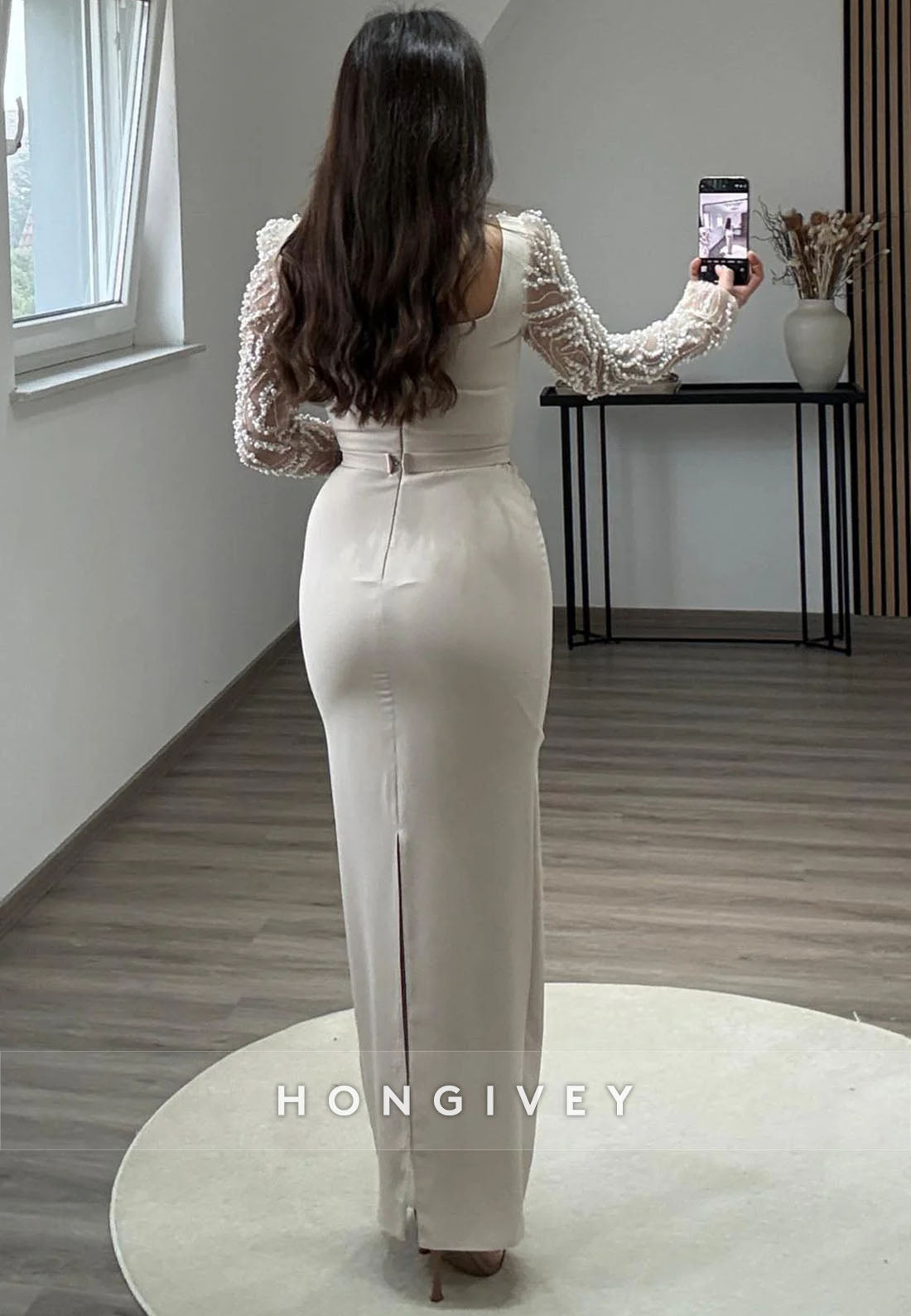 Column Asymmetrical Neck Evening Gown Long Sleeve Beading Ankle-Length Formal Dresses