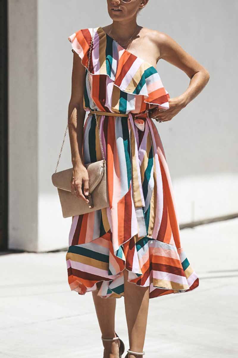 Florcoo Casual Striped One Off Shoulder Sleeveless Ruffle Irregular Midi Dress
