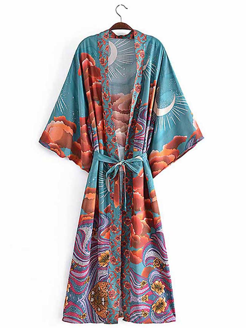 Partywear Floral With Moon Print Green Color Silk Long Length Gown Kimono Duster Robe - Fashionpara