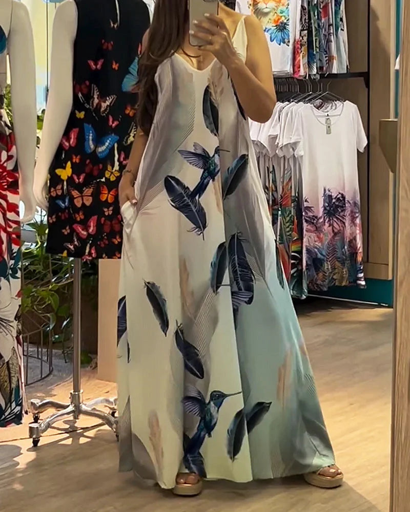 Casual Feather Print Dress - Fashionpara