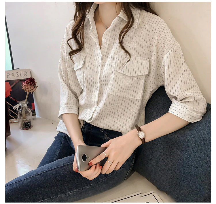 KittenAlarm - Half Sleeve Casual Striped Blouse Shirt