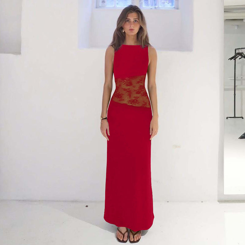 Boat-Neck Sleeveless Lace-Inset Column Maxi Dress