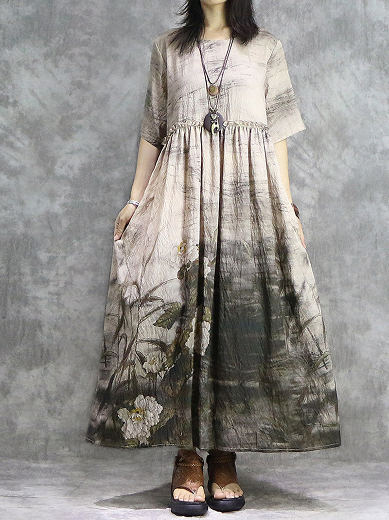 Ink Floral Round Neck Pleated Smock Maxi Dress