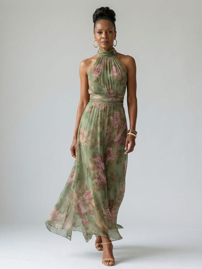 Floral Halter Neck Ruched Maxi Dress 5
