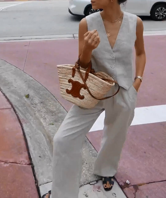 Chic Fancy Waistcoat with Wide Leg Pants Suits - Fashionpara