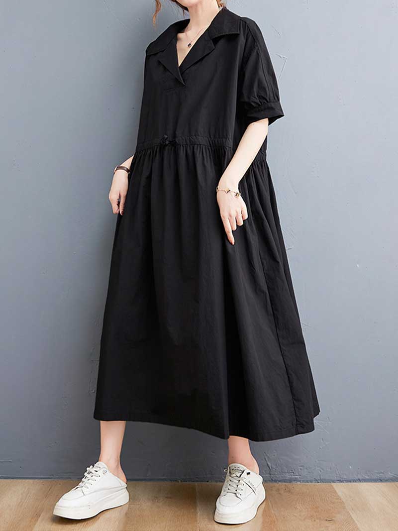 Plain Cotton Short Sleeve A-Line Dress 5