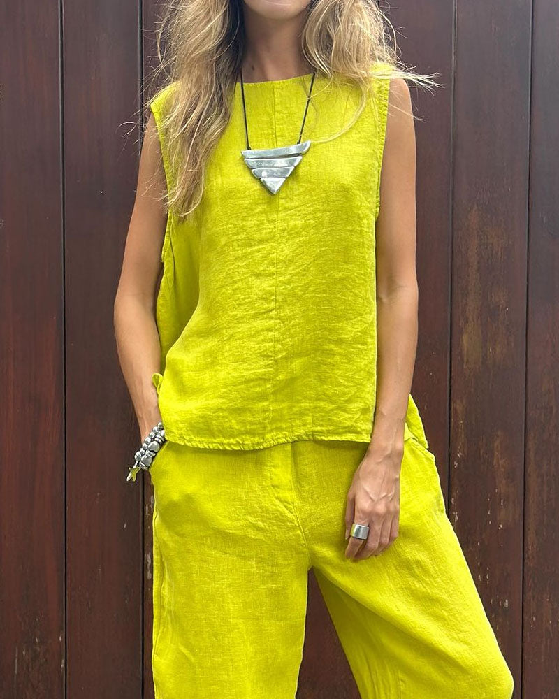 Casual Solid Color Sleeveless Vest & Pants Cotton Linen Two-piece Set - Fashionpara
