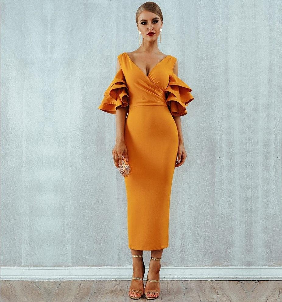 Hanging Ruffled Sleeves Bodycon Bandage Dress - Fashionpara