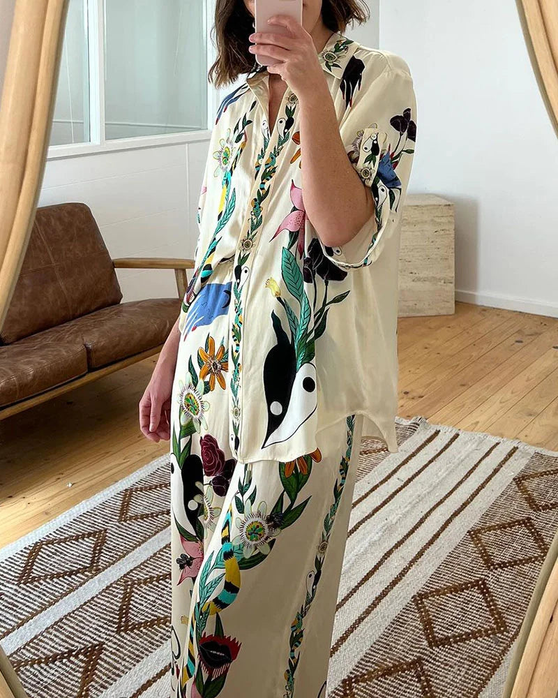Flower jungle print casual two-piece set - Fashionpara