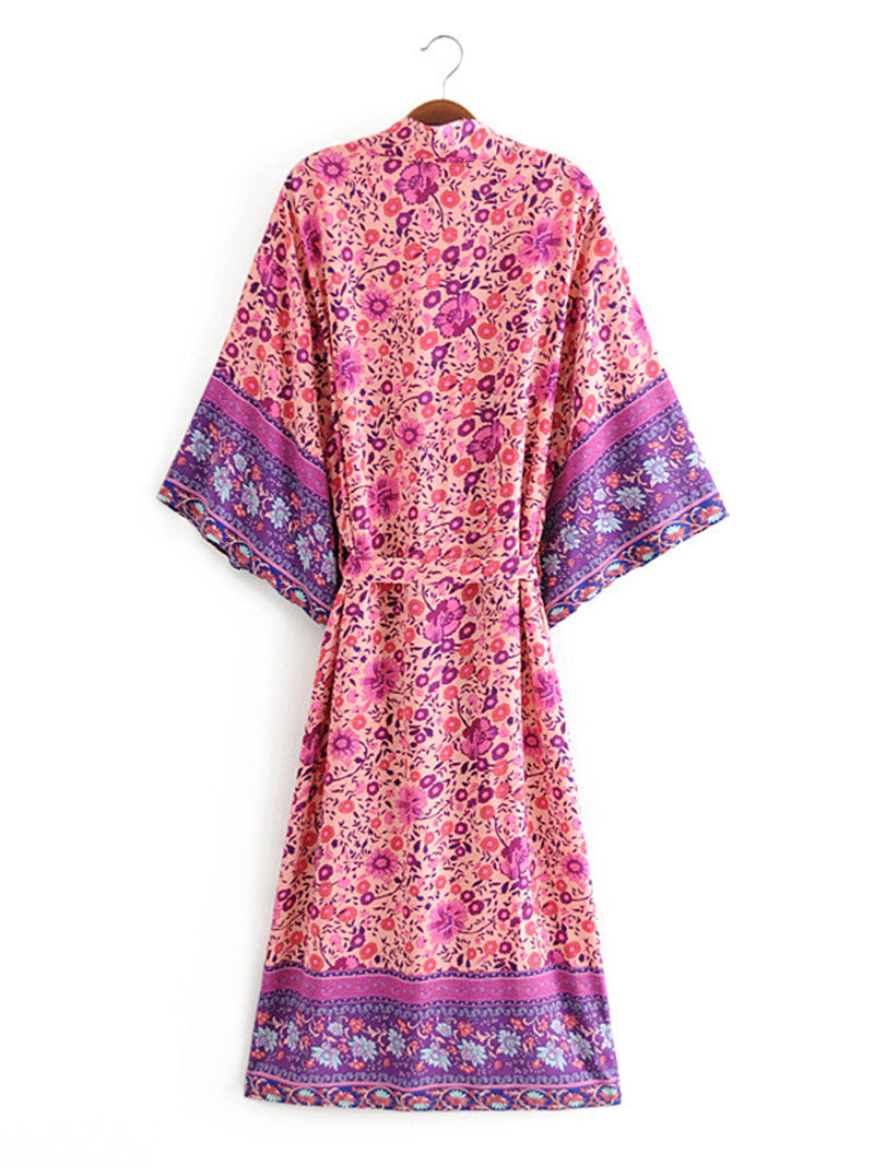 Bridal Wear Long Length Floral Print Purple Color Cotton Gown Kimono Robe - Fashionpara