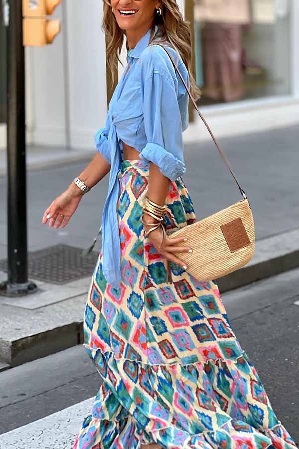 Ethnic Print Drawstring Elastic Waist Maxi Skirt - Fashionpara