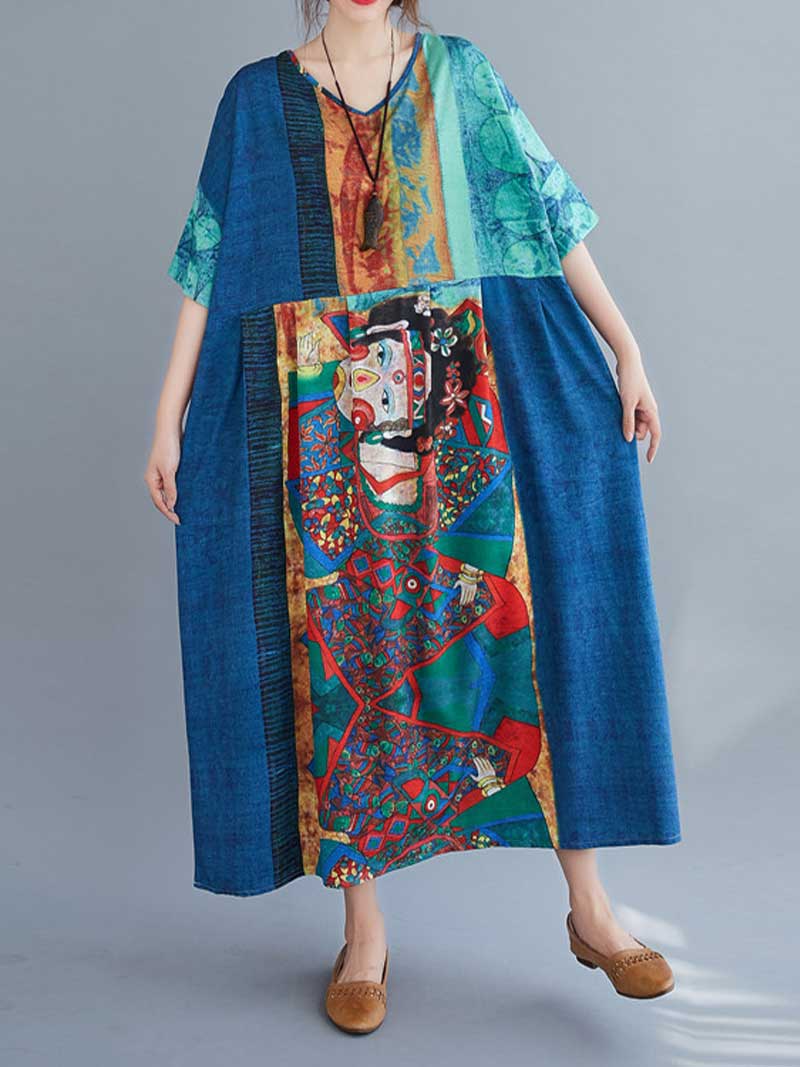 Abstract Art Print V-Neck Patchwork Kaftan Maxi Dress 4