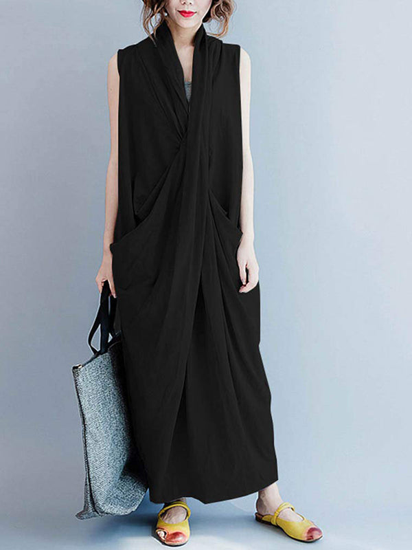 Draped V-Neck Sleeveless Pocket Cocoon Maxi Dress