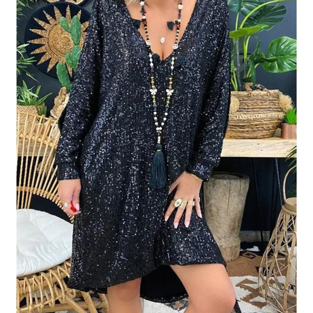 Sequin Deep V-Neck Long Sleeve High Low Shift Mini Dress