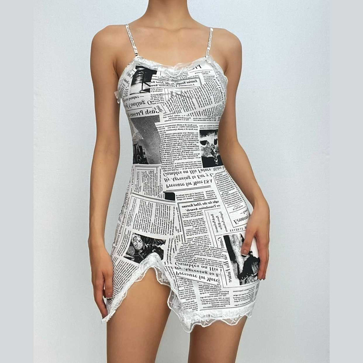 Newspaper Print Lace Trim Spaghetti Strap Sweetheart Mini Dress