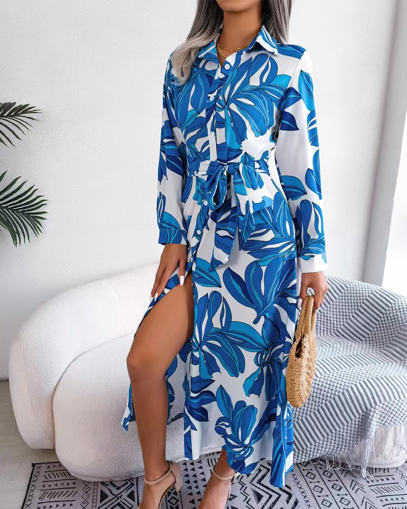 Floral Print Lapel Shirt Dress with Contrast 4